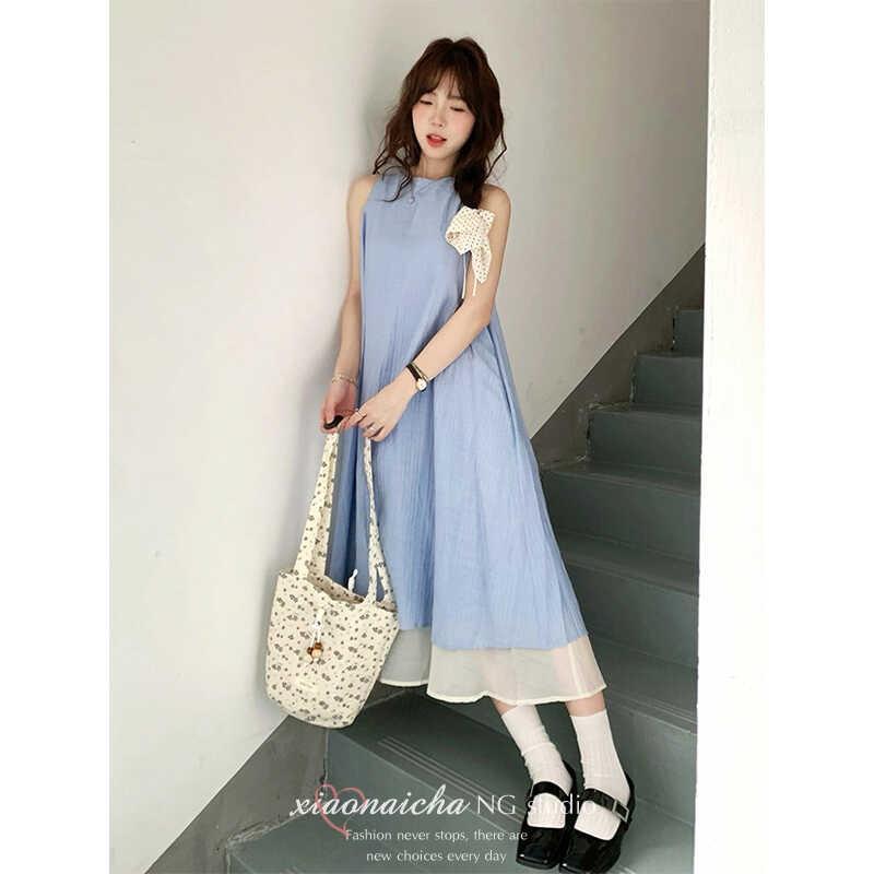 

French striped texture fake two-piece dress women s summer new loose and thin pendant temperament long skirt 2XL синій
