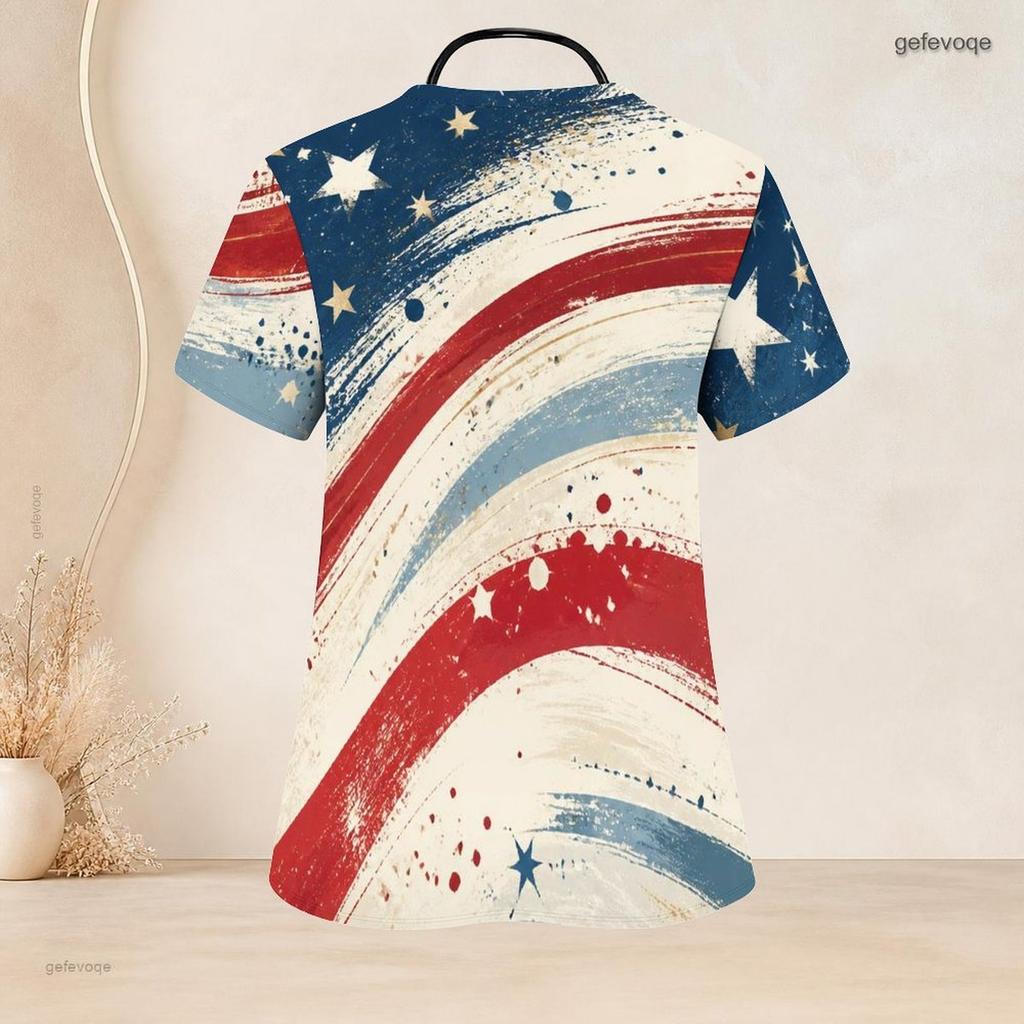 Women Plus Size V Neck Short Sleeve American Flag Printed Nurse Scrub Top With Front Pockets