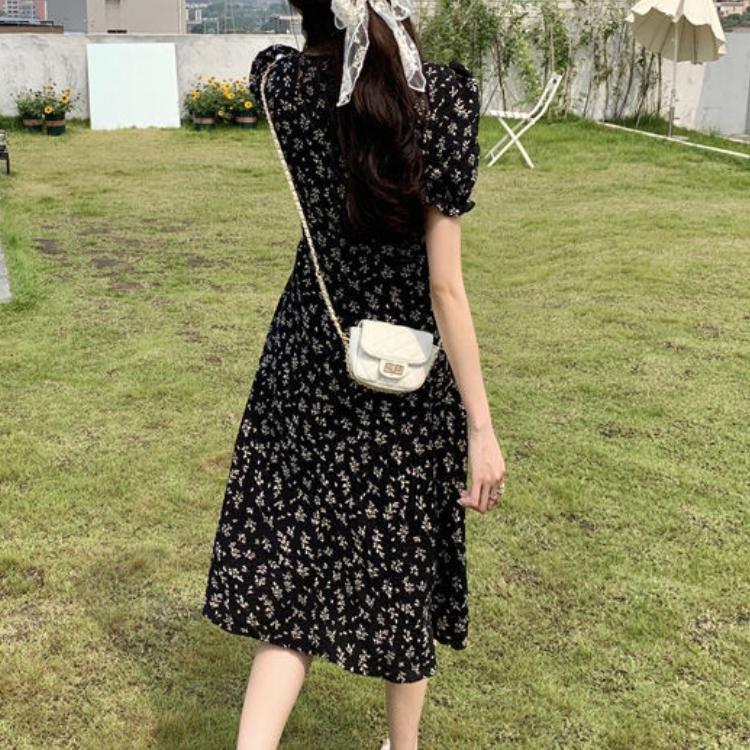 GMXIA Floral Temperament Skirt Small Mid-length Short Sleeve Small Fresh Dress Fairy