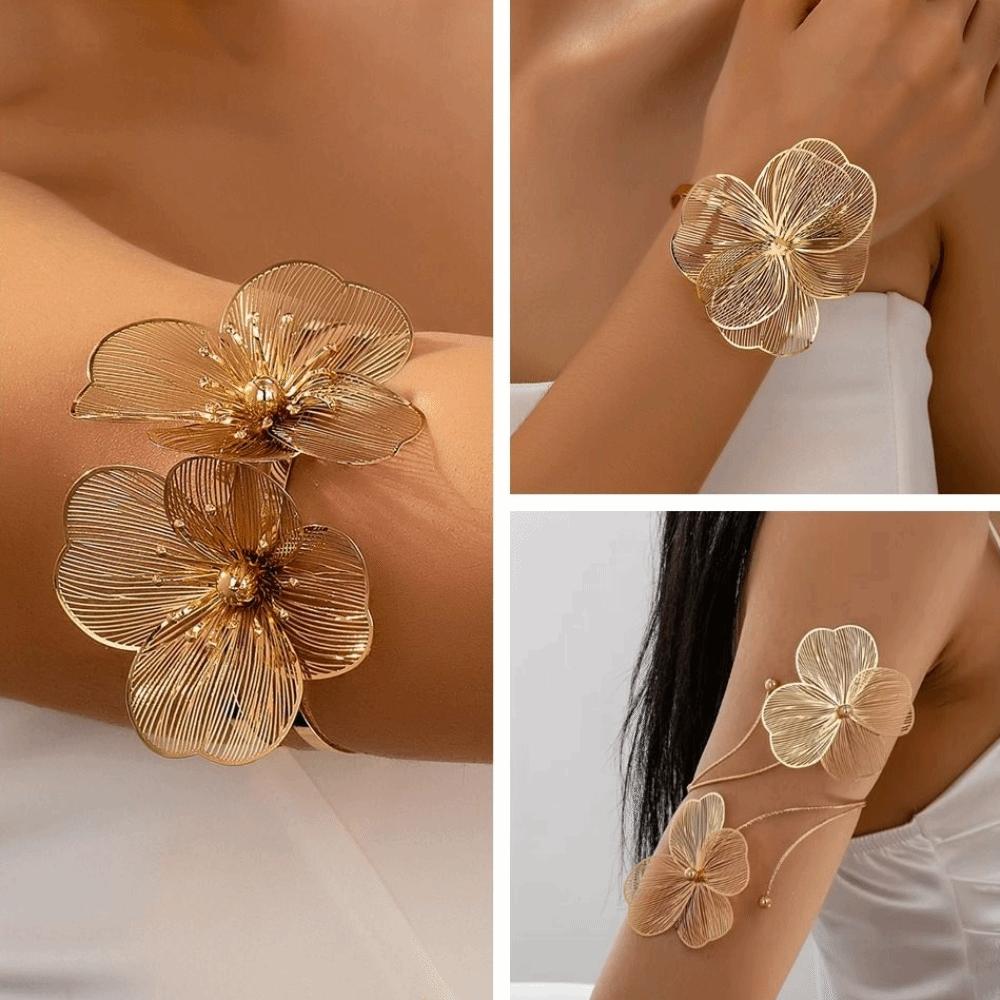 Vintage Metal Brushed Bangle Elegant Open Floral Arm Cuff Bohemian Hollowed Flower Bracelet Women