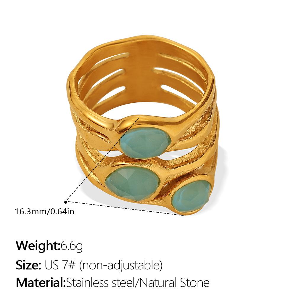Atmospheric Natural Stone Hollow Multi-layer Wave Ring, 18K Gold Plated Stainless Steel High-end Ring