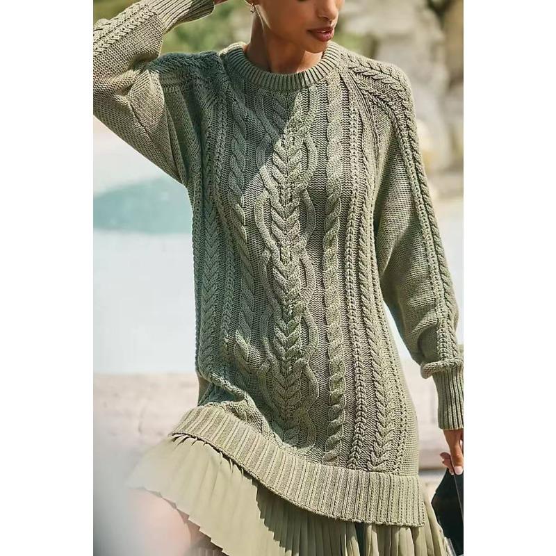 Womens Casual Gray Cable Knit Long Sleeve Pleated Hem Sweater Dress
