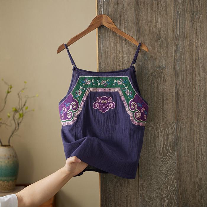 2025 Artistic Retro Cotton Linen Embroidered Camisole - Women s Summer Shoulder Strap Top XL темно-синий