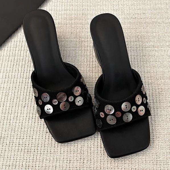 Square Toe Shell Button Decor Women Slippers Summer New Designer Wedge Heel Sandals Ladies Beach Holiday Shoes