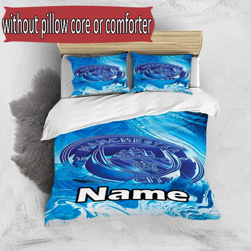 3pcs Duvet Cover Set (1*Duvet Cover + 2*Pillowcase, Without Core), Custom Name Manchester City FC Pattern Bedding Set, Home Bedroom Decor Gift