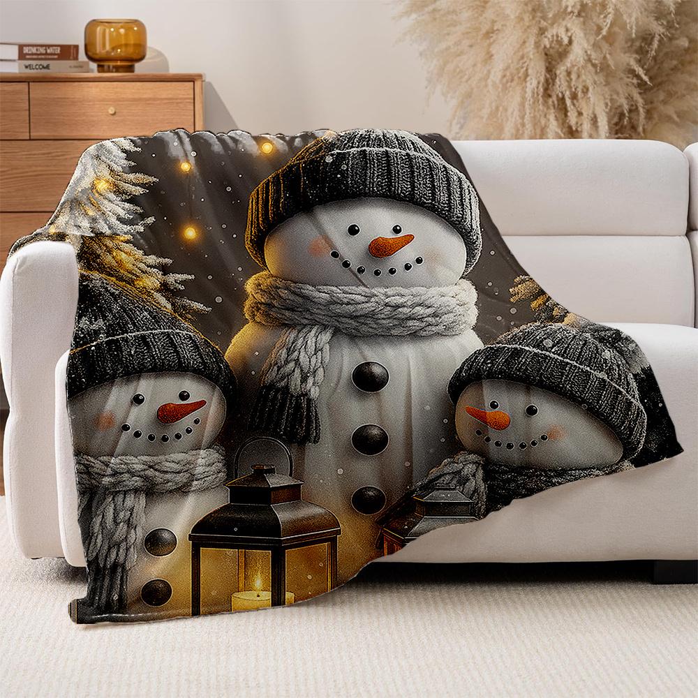 1pc Cozy Snowman Family Plush Fleece Blanket - Thick Warm Winter Bedspread with Snowmen, Lanterns & Snowflakes, Soft All-Season