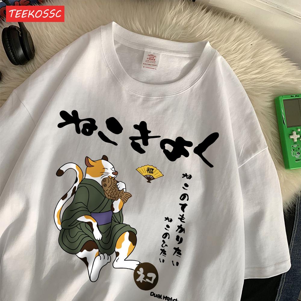 Casual Cotton WomenS TShirts Japanese Retro Fun Cats Printing Tees ONeck Loose Soft Short Sleeve Summer Street Female Clothes