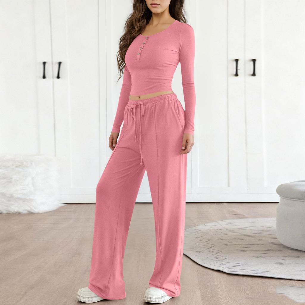 Fashionable Women's Long Sleeve Wide Leg Pants Sports Outfit Loose Two-Piece Set