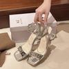 Fashion Gold Silver Women High Heels Sandals 2025 New Square Toe Shiny Crystal Sandals Woman Ankle Straps Thin Heel Party Shoes Women