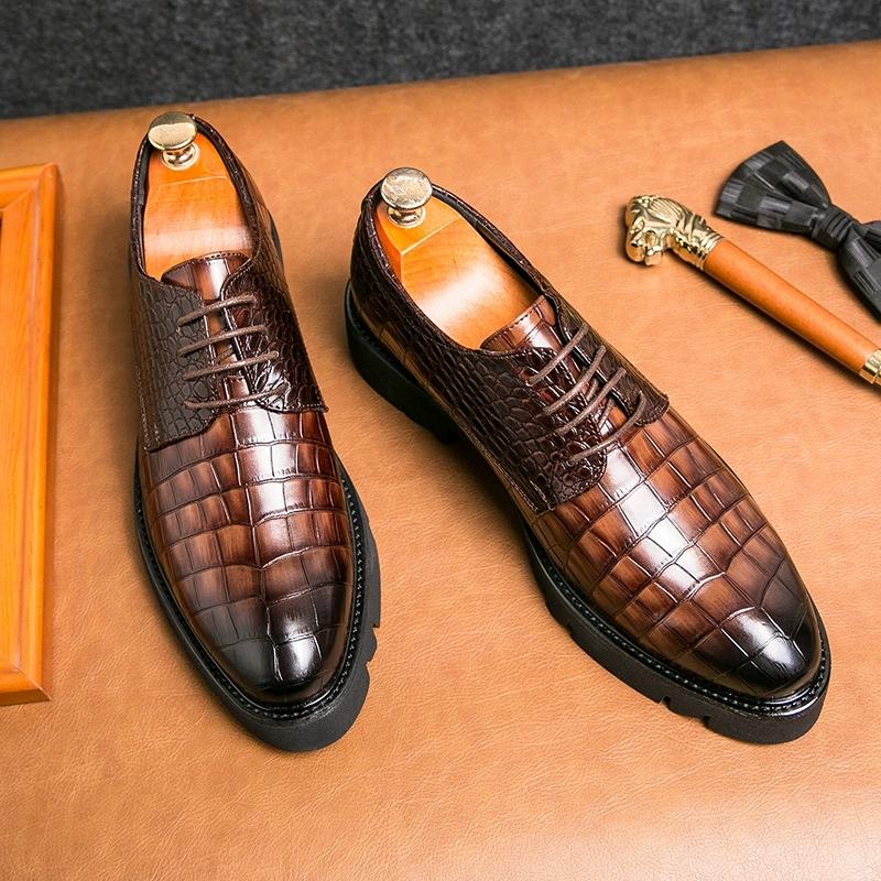 Fashion New 2025 Crocodile Pattern Men Dress Shoes Thick Bottom Heightening Rubber Sole Comfortable Casual Leather Footwear