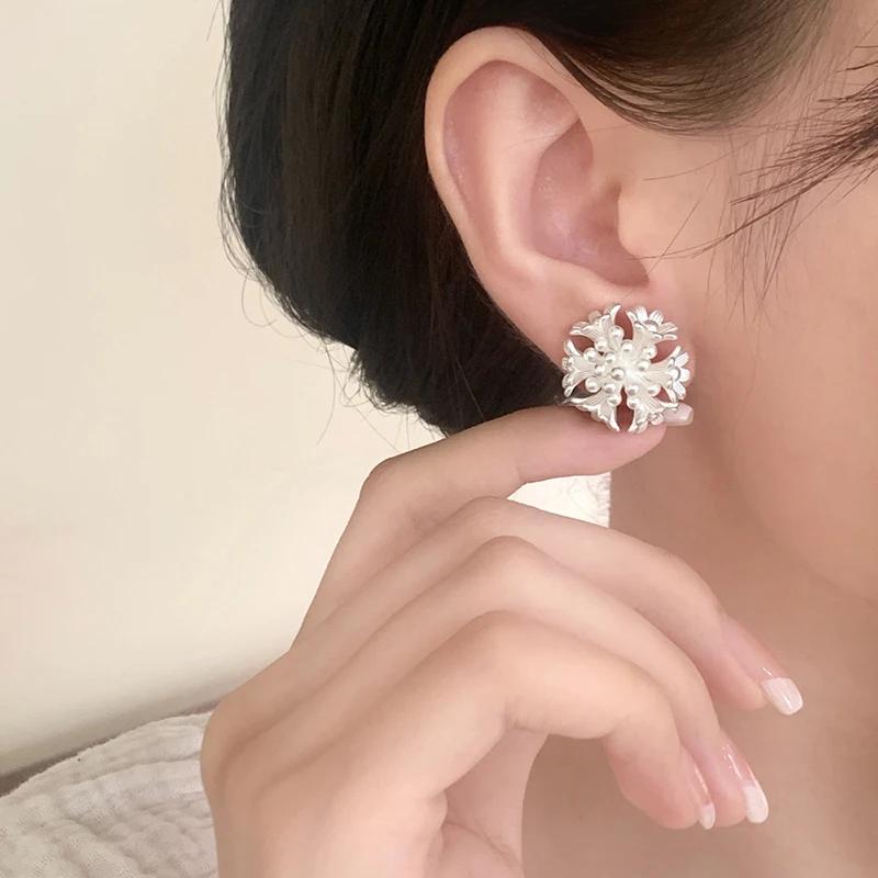 Real  Sterling Silver 18K Gold Matte Vintage Flower Stud Earring for Women Light Luxury Fine  Minimalist Accessory