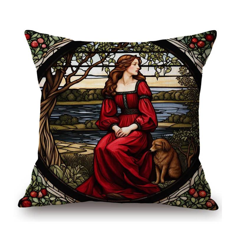 Renaissance Pre-Raphaelitism William Morris Round Stained Glass Window Elegant Lady Girl Decoration Pillow Case Cushion Cover