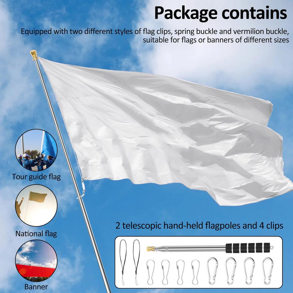 2Pcs Telescopic Handheld Flagpole Tour Guide Flag Pole Stainless Steel Extendable Garden Banner Teachers Pointer Flag Pole