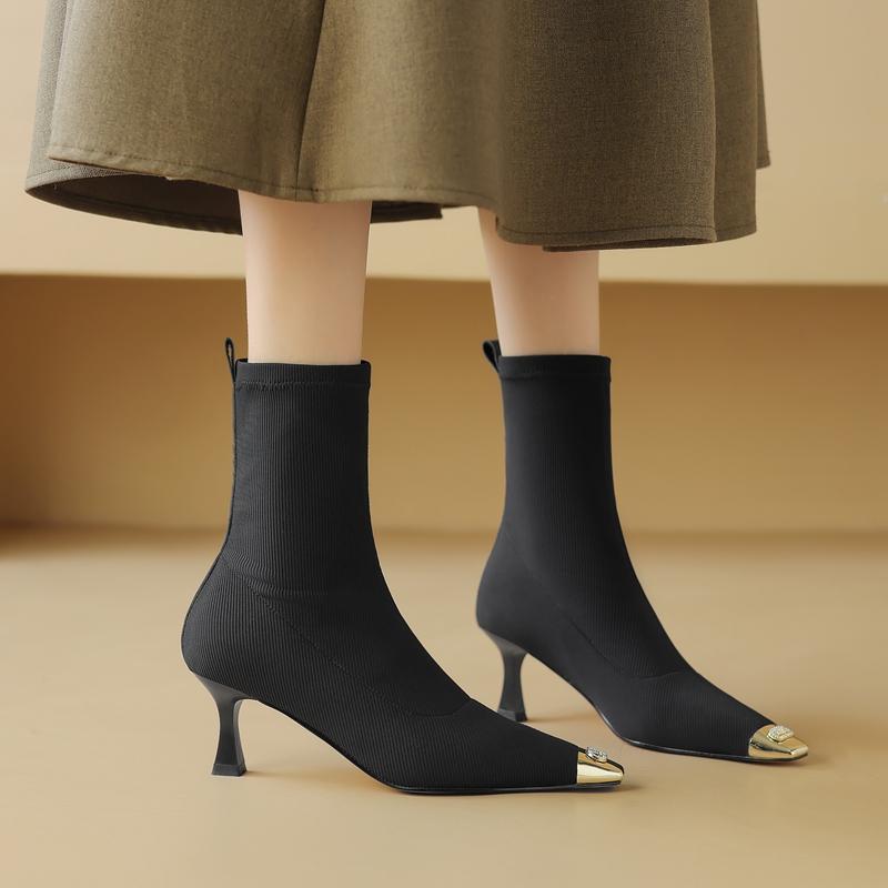 Fashion Women's new autumn and winter metal rhinestone square toe high-heeled oversized calf comfortable breathable elastic short boots