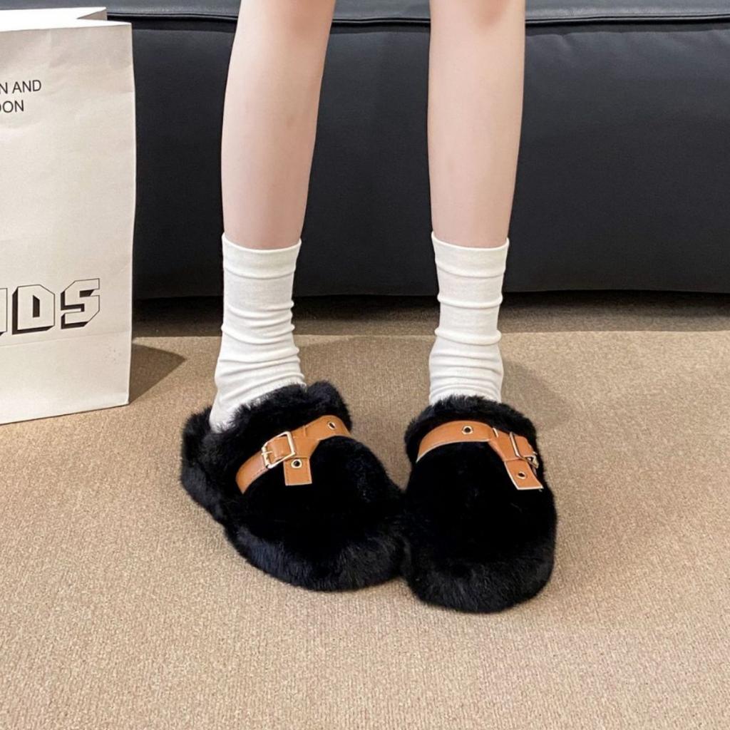 Internet Celebrity Bag Head Half Slippers Women's Outer Wear 2025 Autumn and Winter New Heightened Thick-soled Fluffy Shoes Home Warm Cotton Mop