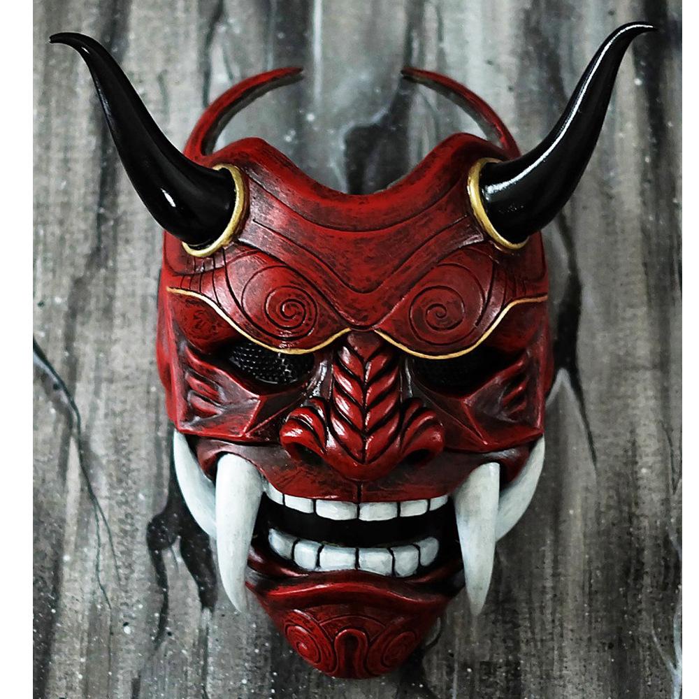 Red Hannya Mask Headgear with Red Ghost Face and Fangs, Japanese Style Halloween New Product Cosplay Props