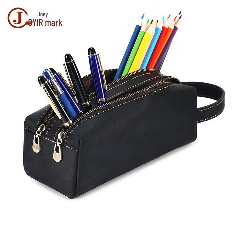 Kabelka psaníčko z pravé kůže Crazy Horse a pouzdro na tužky s dvojitým zipem - Multifunkční kreativní úložný dárek