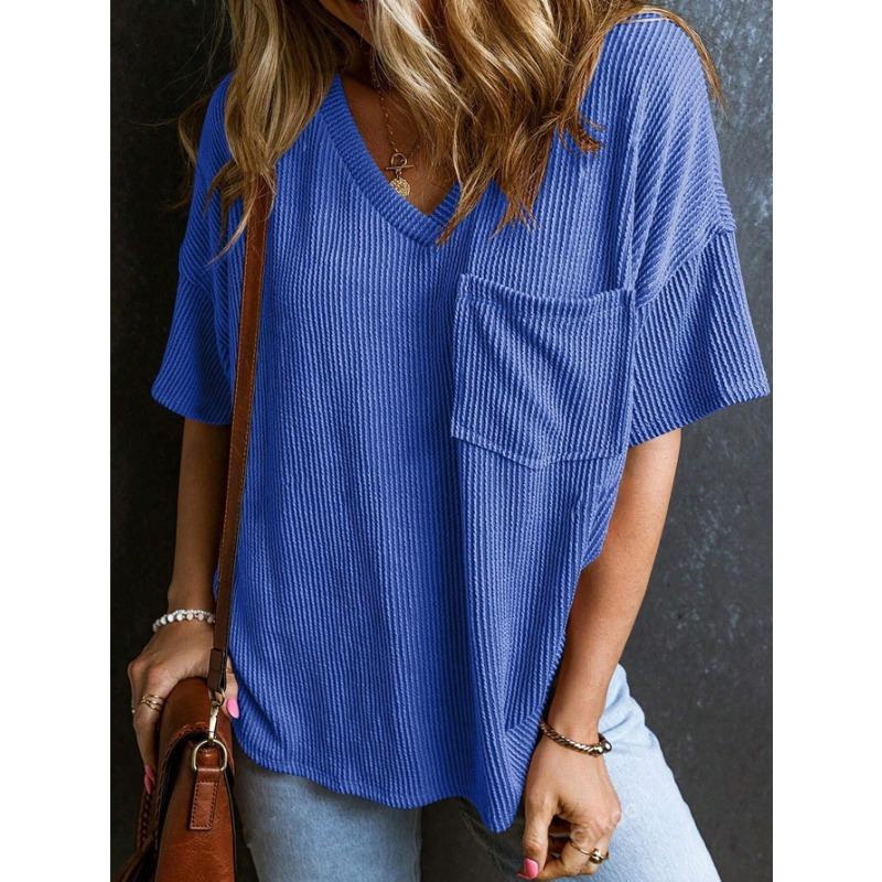 YYFS Women's Fashion Casual Solid Color Print Summer Spring Short Sleeve V-Neck Blouses & Shirts