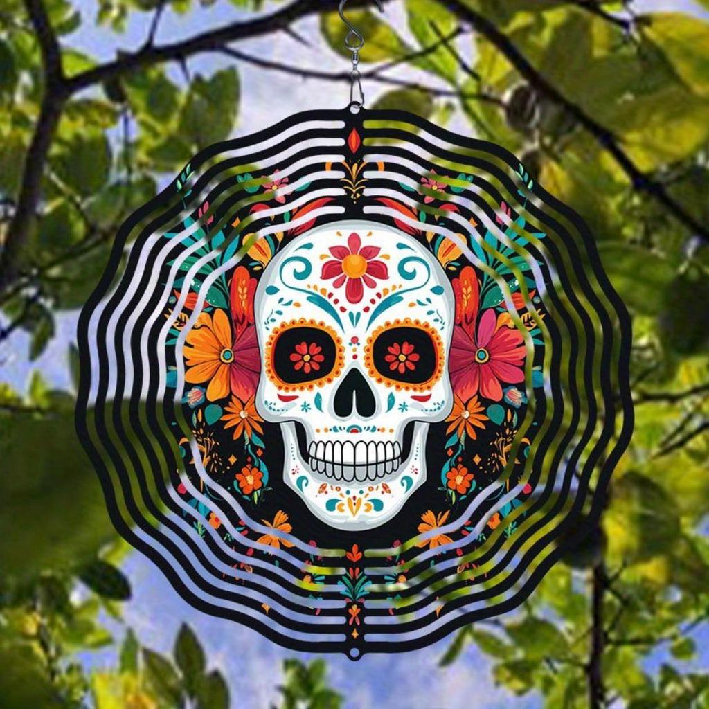 Vibrant Day of the Dead Skull Wind Chime Colorful Floral Skeleton Design 2D Rotating Outdoor Garden Art Festive Wall Decor for Home Yard