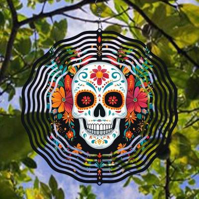 Vibrant Day of the Dead Skull Wind Chime Colorful Floral Skeleton Design 2D Rotating Outdoor Garden Art Festive Wall Decor for Home Yard