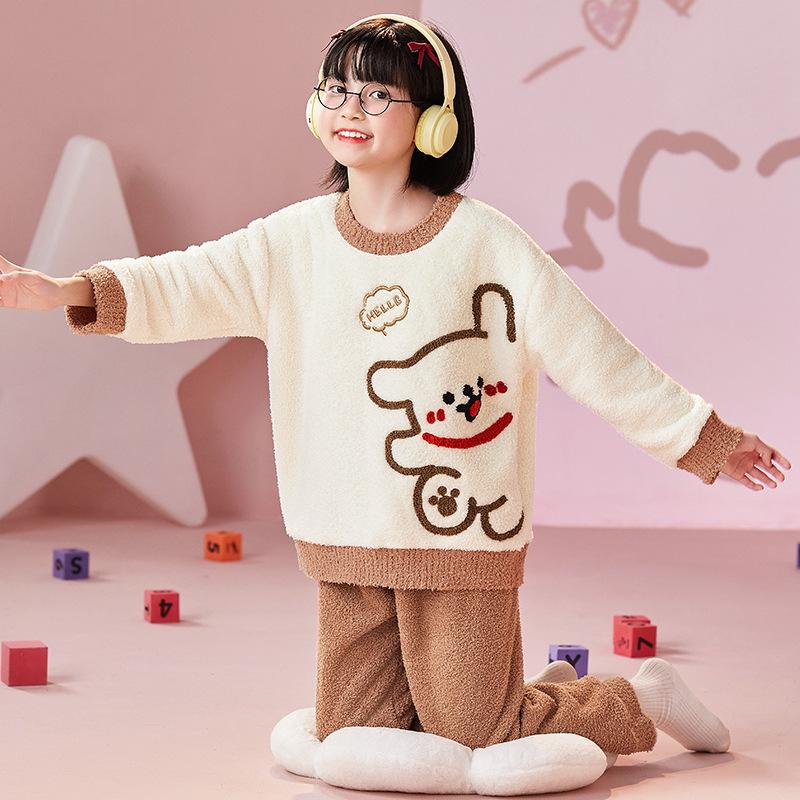 Kids Flannel Pajamas Set Boys Girls Warm Long Sleeve Top And Pants Sleepwear Winter Home Nightwear