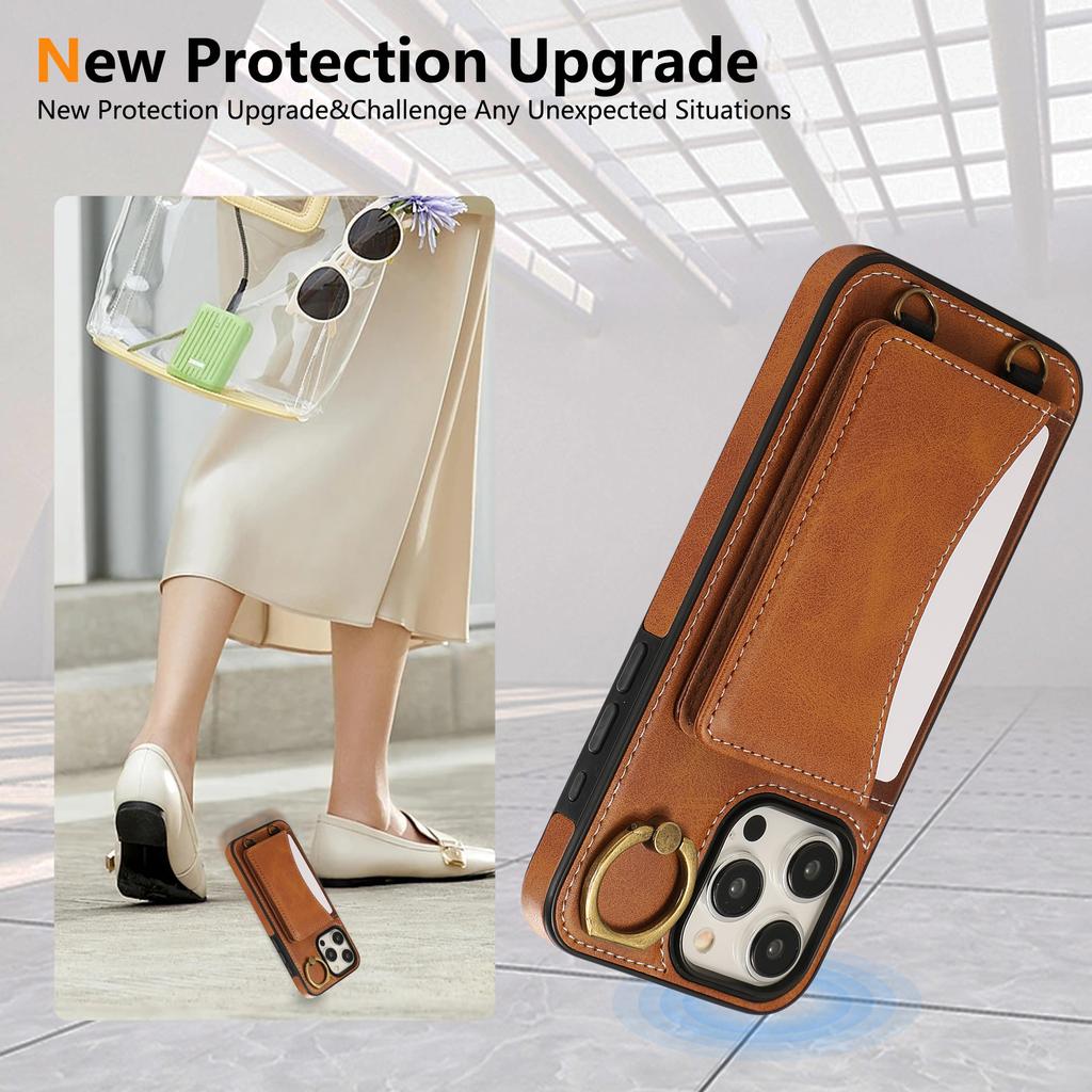 For iPhone 15 Pro Max PU Leather Back Case Card Holder Kickstand Phone Cover with Wrist Strap