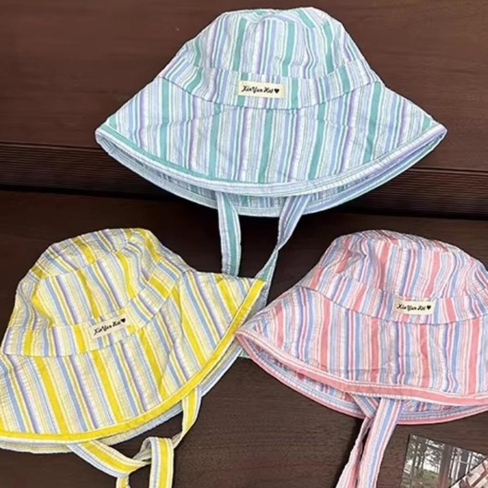 Lightweight Korean Striped Bucket Hat Lace-up Wide Brim Fisherman Hat Wide-edged Sun Hat Vacation