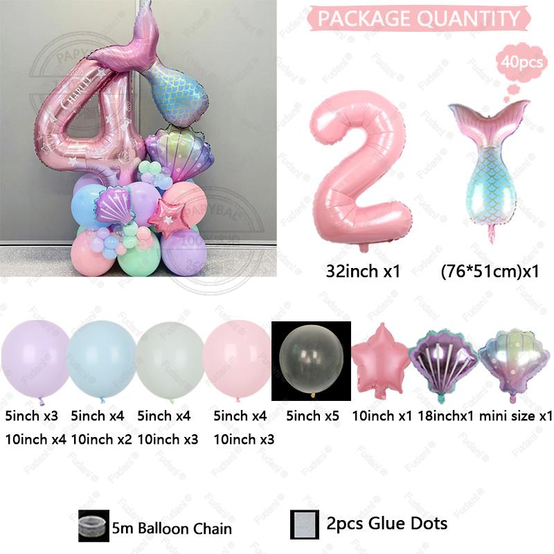 40pcs Gradient Mermaid Tail Shell Balloon 32inch Pink Numbers 1-9 Birthday Balloon Set Ocean Themed Party Decoration Photo Props