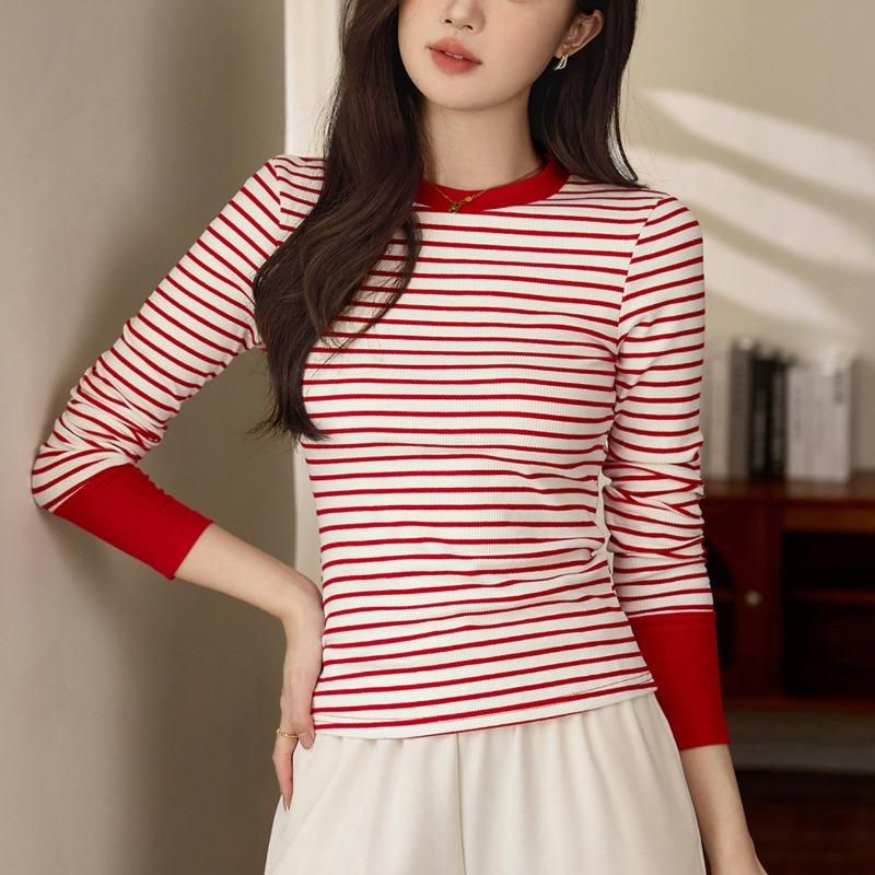 Womens Colorblock Striped Long Sleeve Cotton Bottoming T Shirt