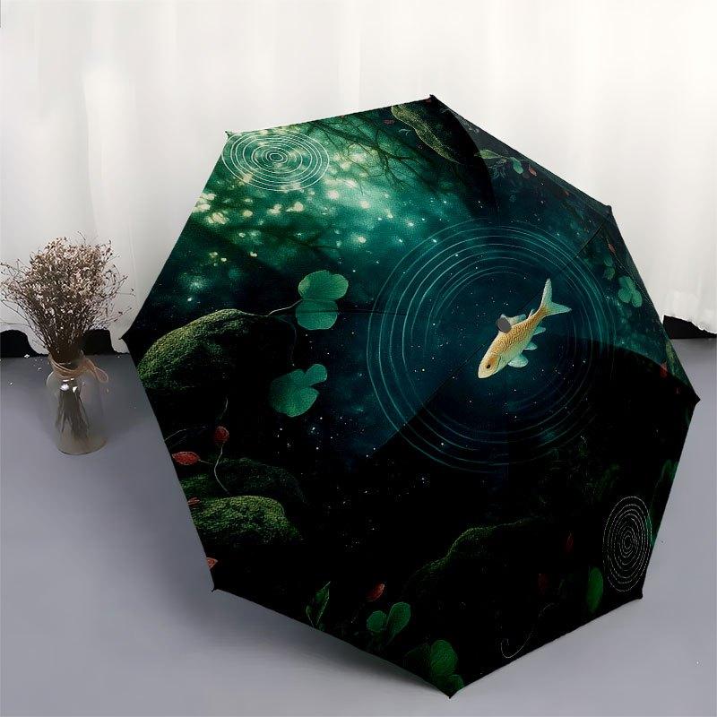 Underwater Serenity: Fish Pond Scene Circular Wall Art Umbrella, Portable 3-Fold Compact Umbrella for Men & Women R137