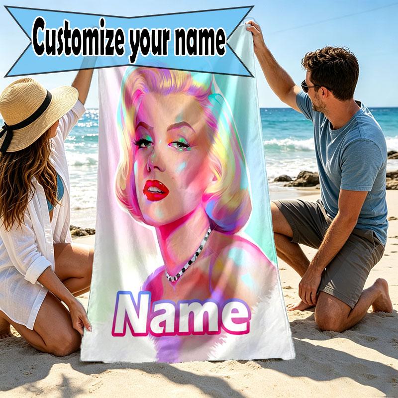 Custom Name Personalized Marilyn Monroe Print Beach Towel, for Trip Camping Beach Party Home Decor, Birthday Gift for Family & Friends