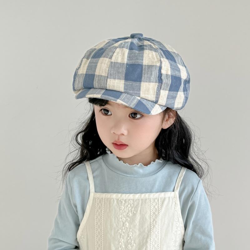 New Children's Plaid Front Hat Spring and Autumn Retro Baseball Cap Painter Hat Baby British Breathable Outdoor Beret