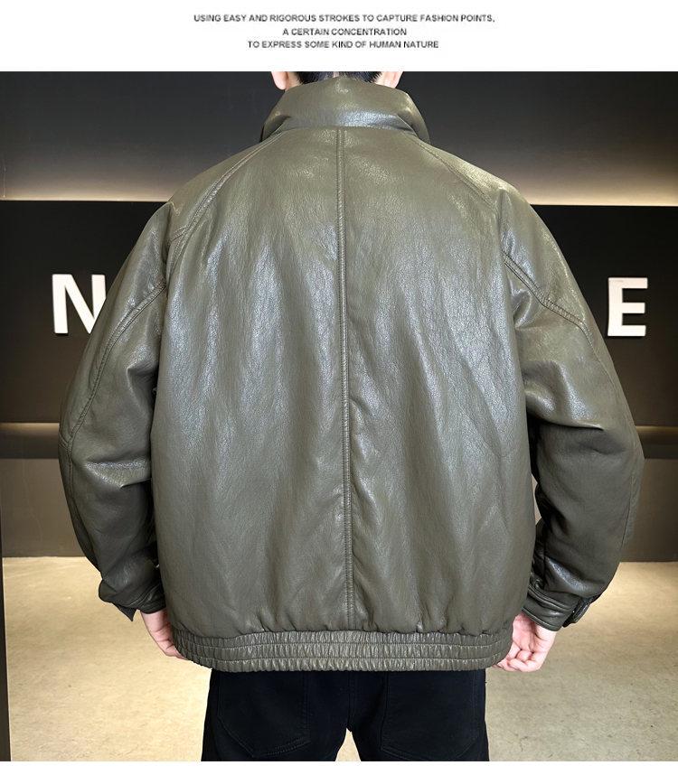 Men's Trendy Winter Leather Down Jacket - Short Stand Collar, Warm, PU Leather, Thickened, Wash-Free