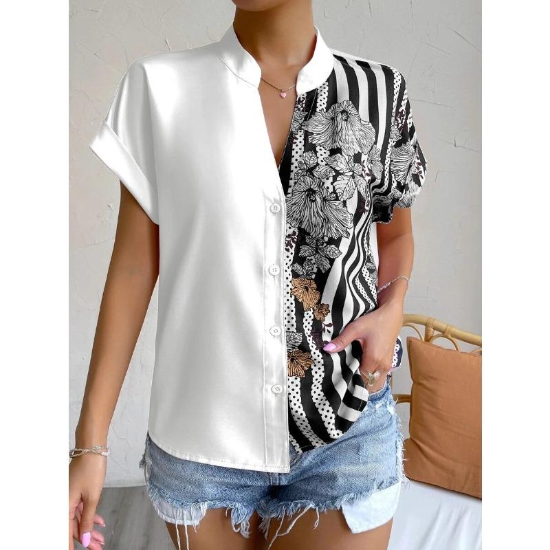 

Женские модные повседневные летние весенние блузки и рубашки в полоску с цветочным узором и принтом с коротким рукавом и v-образным вырезом XXL белый