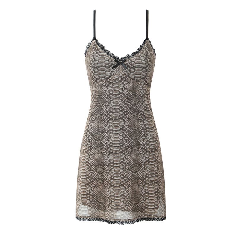 

Little Tipsy Girl American Retro Sexy Style Lace Lace V-neck Tight Waist Snake Pattern Printing Slip Dress Women Serpentine flower L