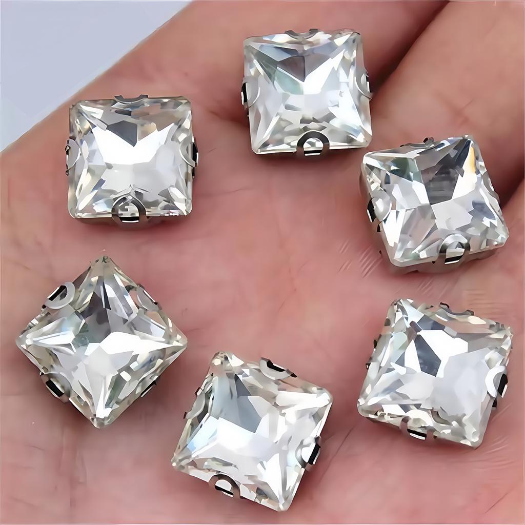 Square Crystal Glass Rhinestones with Claw Marquise Sew On Stone Strass Diamond Metal Base for Wedding Dress Garment Ornament