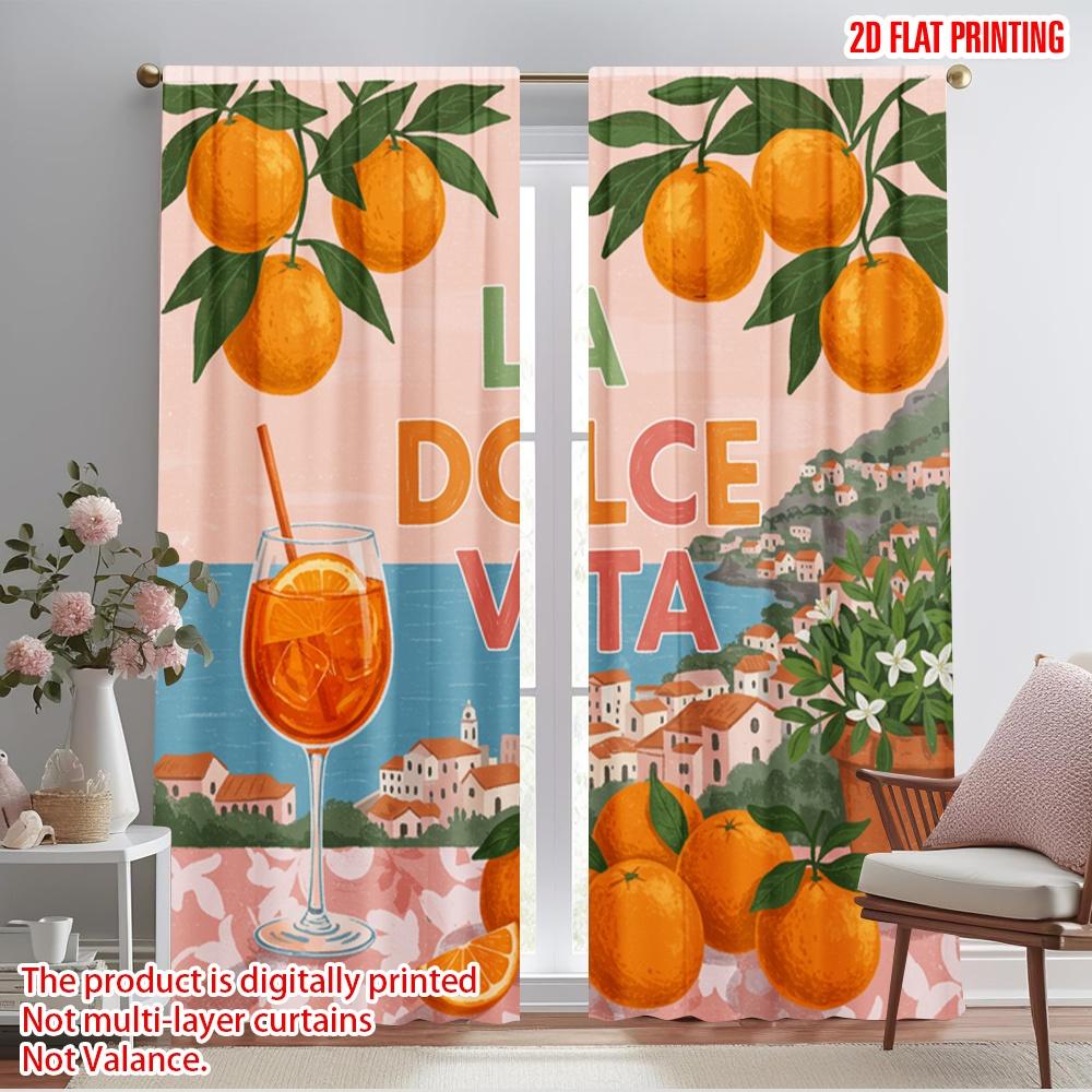 2pcs 2D flat printing Party Curtains La Dolce Vita Oranges Polyester Without Electricity Festive Holiday for New Year and