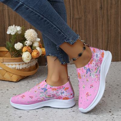 Kadın Taşlı Dekor Slip On Spor Ayakkabı, Çiçek ve Kelebek Baskılı - Nefes Alabilen Örgü Koşu Ayakkabısı