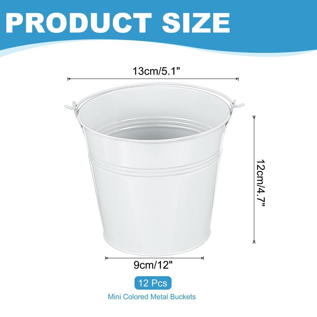 PATIKIL X Small Metal Buckets with Pack of 12 Mini Galvanized Buckets for Party Favors and White 5.1" 4.7" Handles, Crafts, Decorations,