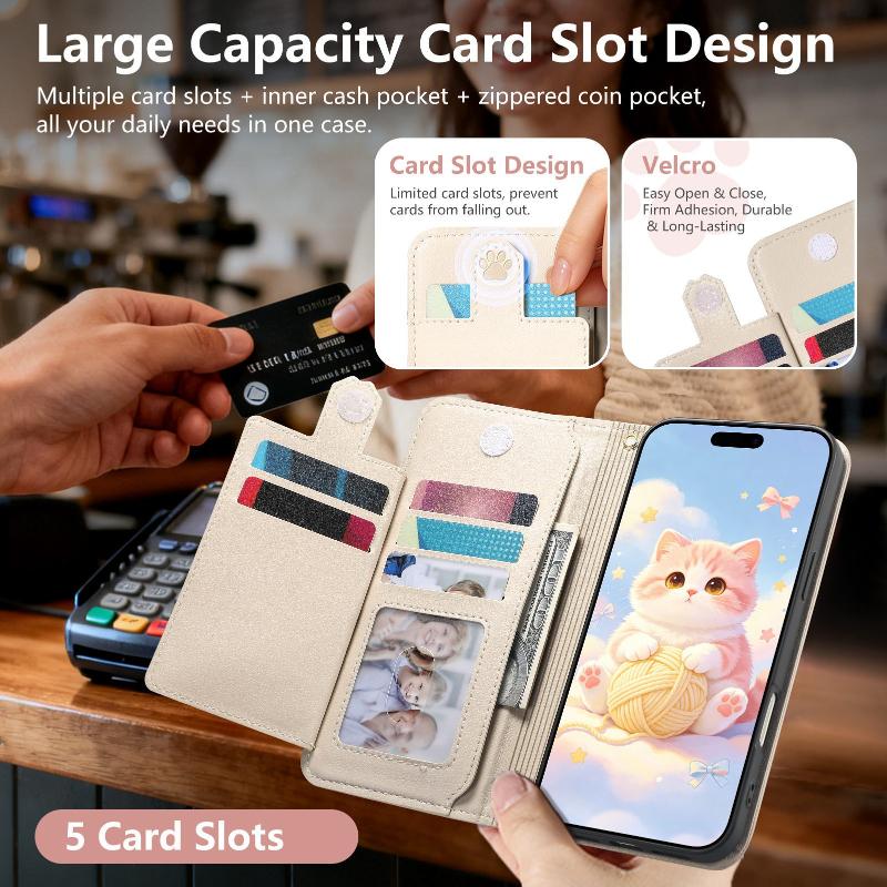 Cute Cat Leather Zipper Crossbody Flip Wallet Card Slots Phone Case For iPhone 17 16 15 14 13 12 11 Pro Max Plus 17E 16E 17Air