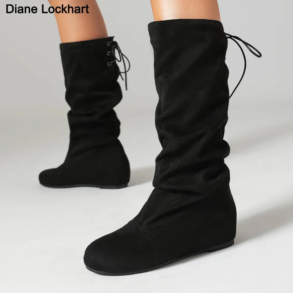Fashion Autumn Winter Women Mid Calf Boots Casual Slip on Lace up Long Boots Flats Fashion Pleated Round Toe Black Elegant Botas Female