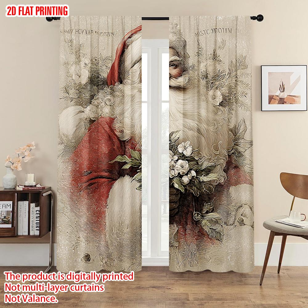 2pcs, plane printing Popular Curtains Vibrant Santa with Holly & Berries Polyester Woven (without rod) Room Decor for Bedroom