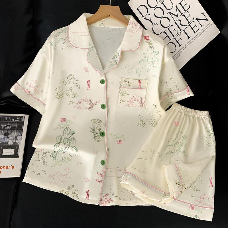 

Французский Пейзаж Джунгли Ледяной Шелк Пижама Женская Летняя Высококлассная С коротким рукавом Двойка Домашняя одежда 2XL