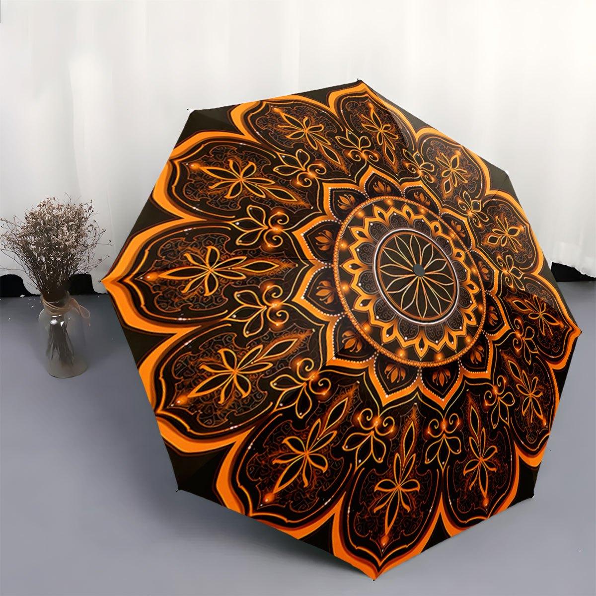 

Automatic Open/Close Folding Umbrella with Mandala Design - Orange & Black Automatic Open/Close Button, 8-Rib Compact Travel U Iron&8K