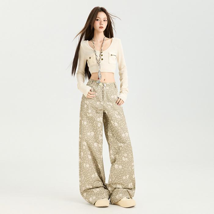 Women's 2025 Autumn Floral Wide-Leg Jeans - Loose, Draped, Lazy Style, Straight Leg