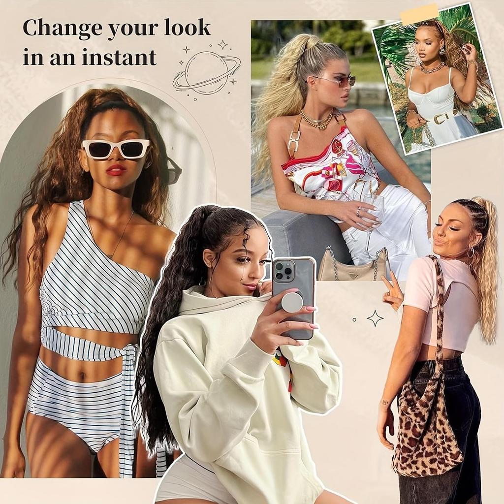 Nastavitelný culík se stahovací šňůrkou - Dlouhý vlnitý syntetický příčesek pro ženy - Pro každodenní nošení - Vhodný pro všechny typy vlasů