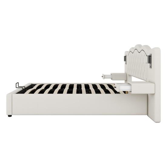 Tweepersoonsbed 180x200cm Plat Bed, Gestoffeerd Geïntegreerd Hoofdbord, Hydraulisch Hefmechanisme, Zacht met LED-Verlichtingsstrip USB-Aansluiting, Twee
