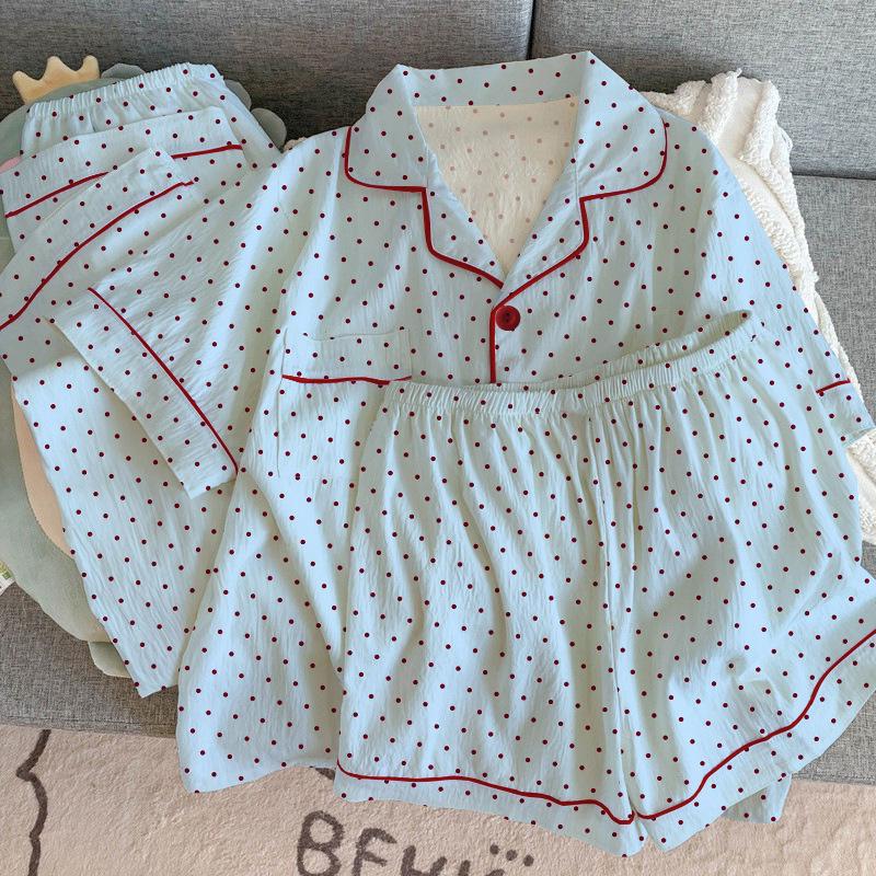 Simple Premium Polka Dot Summer Short-Sleeved Pajamas Women'S Soft Waxy Comfortable Loungewear Wrinkled Cloth Three-Piece Set
