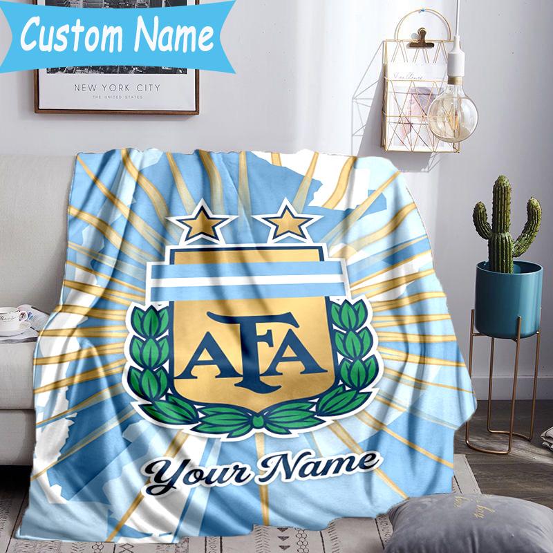 Custom Name Argentina Football Team Flannel Blanket, Use for Birthday/Holiday Gift, Soft Blanket for Sofa/Bed/Camping/Office, Home Decor
