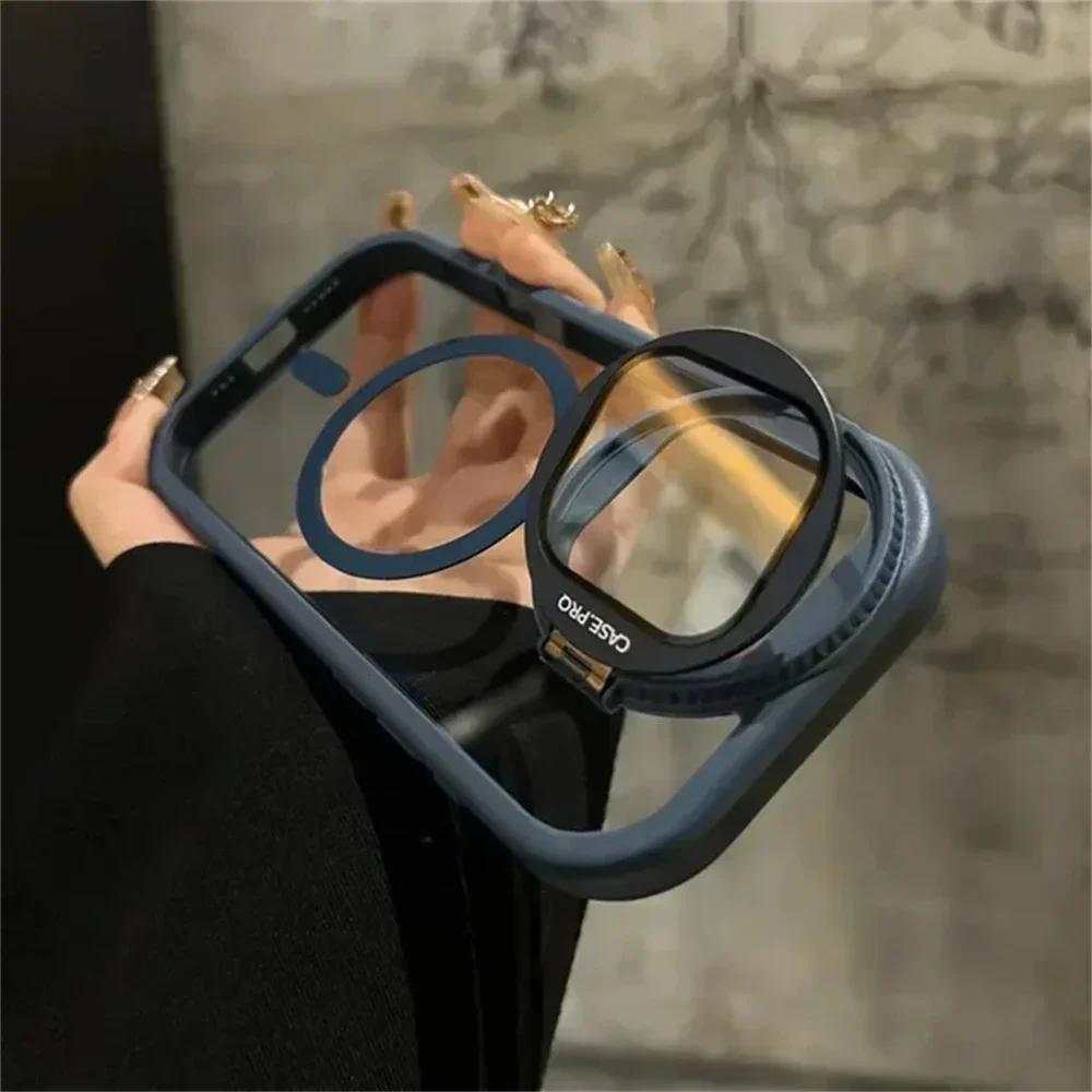 Camera Lens Protection Flip Bracket Stand For Magsafe Magnetic Case for iPhone 16 11 12 13 14 15 Pro Max Plus Transparent Cover